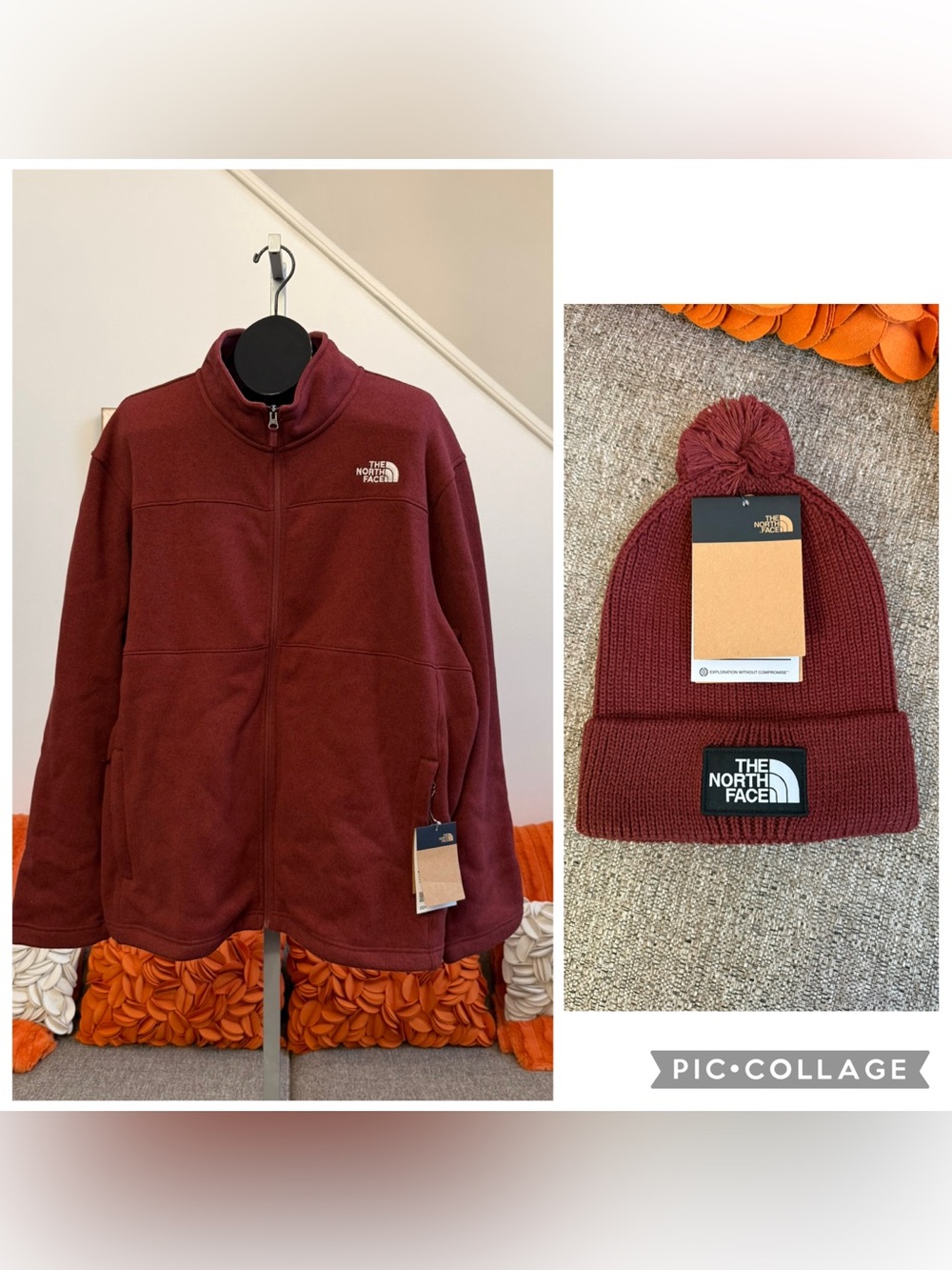 NWT The North Face Gordon Lyons Full Zip Jacket & Logo Box Pom Beanie in Sumac
